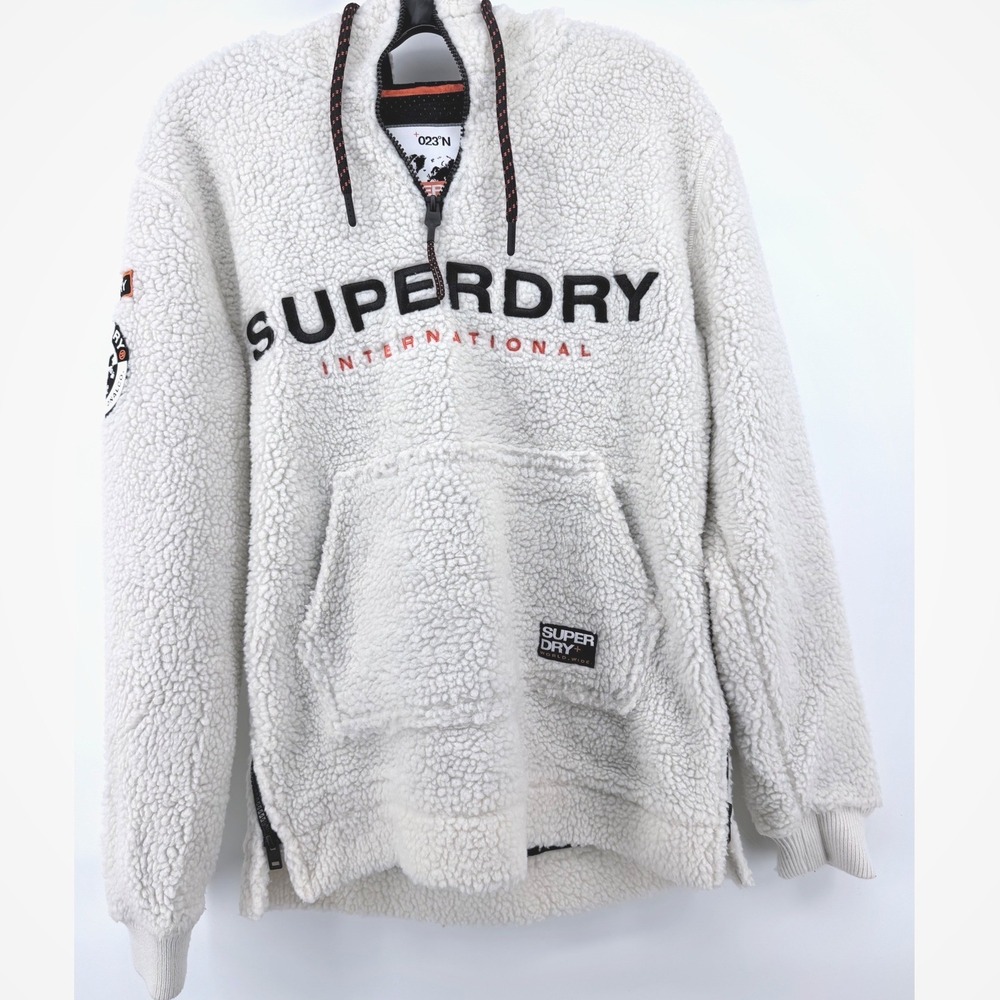 Superdry International Sherpa Hoodie Mens L White Fleece 1/4 Zip Worldwide